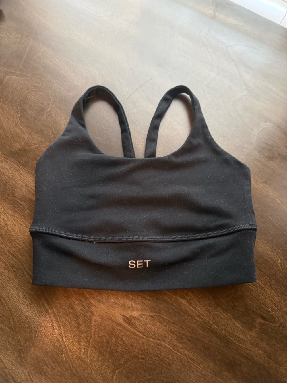 SET Active Black Racerback Stretchy Square Neck Athletic Sports Bra Non Padded